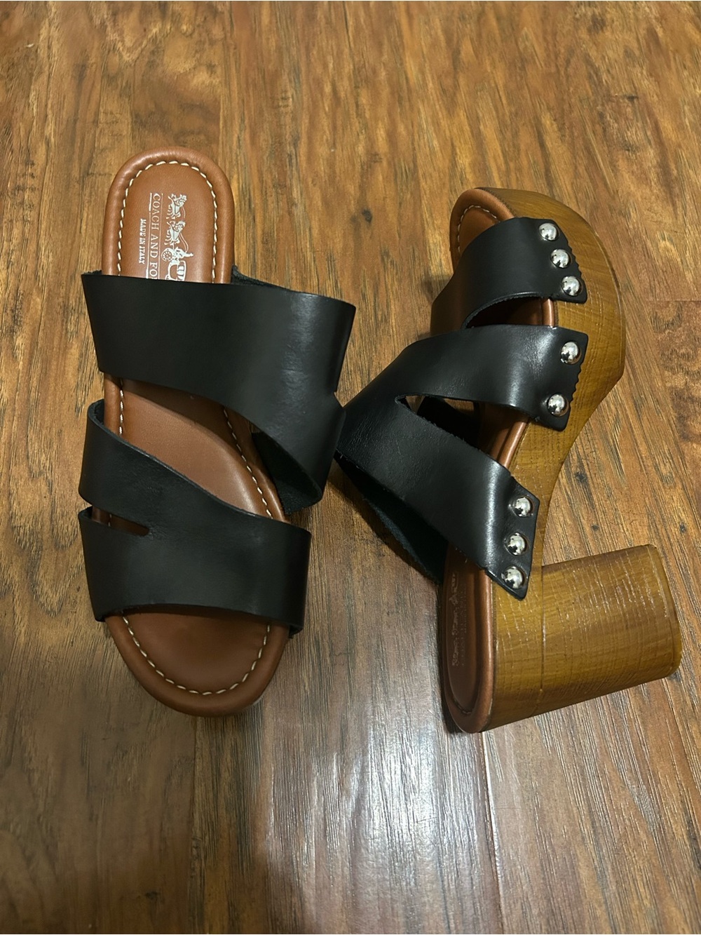 Black Leather Silver Studded Wood Platform Mules Slide-On Hippie Y2K Boho 90s - Picture 13 of 16